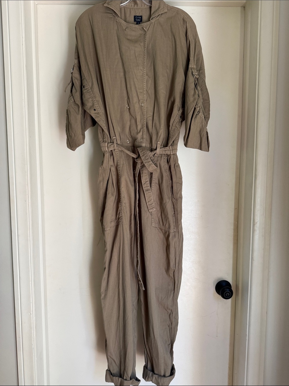 Casual Utility Jumpsuit in Olive-Taupe with Tie Waist